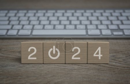 Photo for 2024 start up business icon on wood block cubes on wooden table with modern computer keyboard, Happy new year 2024 online concept - Royalty Free Image