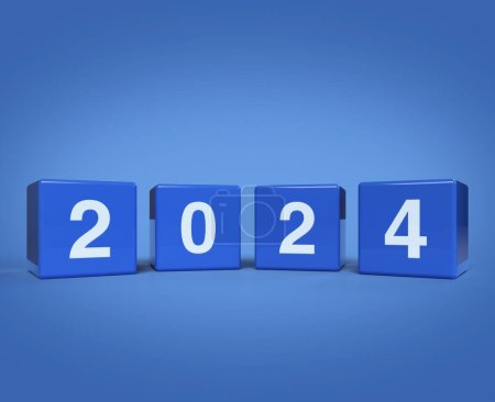3d representación, ilustración de 2024 letra en cubos de bloque sobre fondo azul claro, Feliz año nuevo 2024 concepto de portada