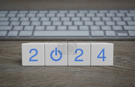 Photo for 2024 start up business icon on white block cubes on wooden table with modern computer keyboard, Happy new year 2024 success online concept - Royalty Free Image