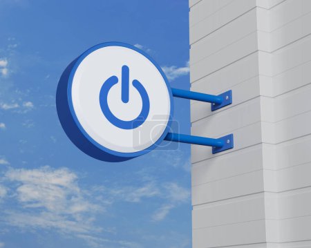 Icono de botón de encendido en colgar letrero redondeado azul sobre el cielo, concepto de negocio de puesta en marcha, representación 3D