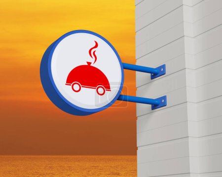Téléchargez les photos : Restaurant cloche icône plate sur la pendaison enseigne arrondie bleue sur le coucher du soleil ciel et la mer, concept de livraison de nourriture d'affaires en ligne, rendu 3D - en image libre de droit
