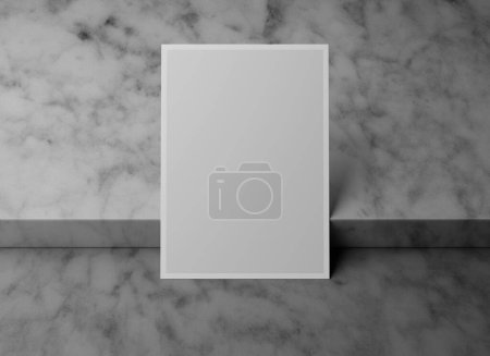 Blank white vertical postcard mockup on marble box podium, 3D rendering
