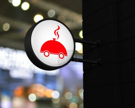 Téléchargez les photos : Restaurant cloche flat icon on hanging black rounded signboard over blur light and shadow of shopping mall, Business food delivery online concept, 3D rendering - en image libre de droit