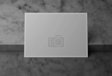 Blank white horizontal postcard mockup on marble box podium, 3D rendering