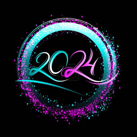 Photo for Neon circle frame with violet and blue glow. Vector glitter design element for holiday cards, Christmas or New Year party headliner, banner, poster, web. Happy New Year 2024 Text Design template - Royalty Free Image