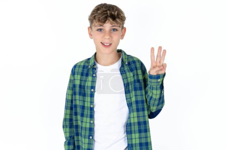 Photo for Handsome caucasian teenager boy on white studio background showing and pointing up with fingers number three while smiling confident and happy. - Royalty Free Image