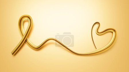 Téléchargez les photos : Ruban d'or comme symbole de la sensibilisation au cancer chez l'enfant Coeur réalisé avec le ruban d'or Illustration 3D - en image libre de droit