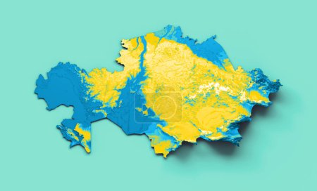 Téléchargez les photos : Kazakhstan carte avec le drapeau Couleurs Bleu et jaune Carte en relief ombragé Illustration 3D - en image libre de droit