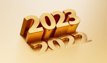 Photo for 2023 Up and 2022 in the Bottom Change from 2022 to 2023 in new year holiday isolated on Gold background 3D illustration - Royalty Free Image