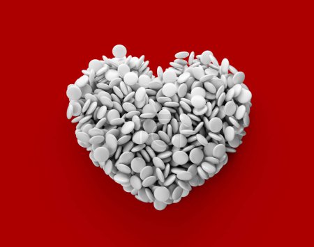 Foto de Corazón hecho de blanco smarties en un fondo rojo 3d ilustración - Imagen libre de derechos