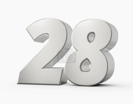 Silver 3d numbers 28 twenty eight. Isolated white background 3d illustration