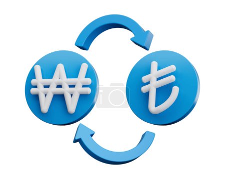 Foto de 3d blanco ganó y símbolo de la lira en redondeado iconos azules con flechas de cambio de dinero, ilustración 3d - Imagen libre de derechos