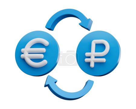 Téléchargez les photos : Euro blanc 3d et symbole de rouble sur les icônes bleues arrondies avec des flèches de change, illustration 3d - en image libre de droit