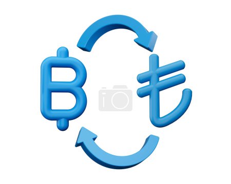 Téléchargez les photos : Icônes de symbole de Baht bleu 3d et de Lira avec des flèches d'échange de monnaie sur fond blanc, illustration 3d - en image libre de droit