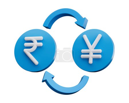 Téléchargez les photos : Symbole indien blanc 3d de roupie et de yen sur l'icône bleue arrondie avec l'illustration 3d de flèches de change - en image libre de droit