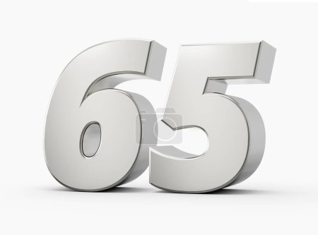 Silver 3d numbers 65 Sixty five. Isolated white background 3d illustration