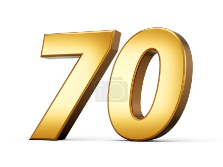 Goldene metallische Zahl 70 Siebzig, weißer Hintergrund 3D-Illustration