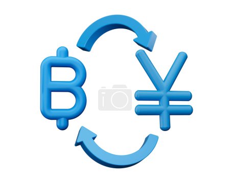 Téléchargez les photos : Icônes de symbole de Baht et de Yen bleu 3d avec des flèches d'échange de monnaie sur fond blanc, illustration 3d - en image libre de droit