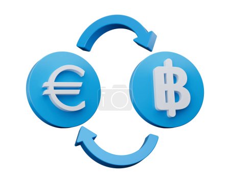 Foto de Símbolo blanco del euro y del baht 3d en los iconos azules redondeados con las flechas del cambio del dinero, ilustración 3d - Imagen libre de derechos