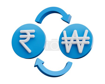 Téléchargez les photos : 3d roupie indienne blanche et symbole gagné sur icône bleue arrondie avec des flèches de change Illustration 3d - en image libre de droit