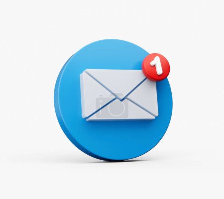 Ein blauer Kreis mit einem weißen Umschlag und dem Buchstaben 1 darauf. Mail-Symbol auf weißem Hintergrund. 3D-Illustration