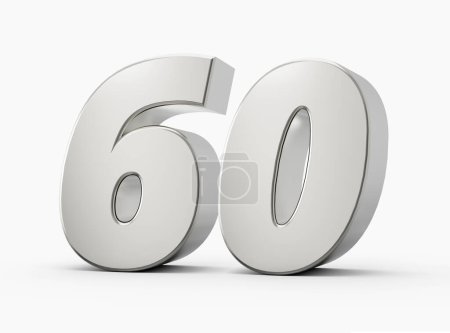 3D glänzende silberne Zahl 60, sechzig 3D-silberne Zahl isoliert auf weißem Hintergrund, 3D-Illustration