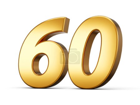 3D Glänzende Goldzahl 60, Sechzig 3D Goldzahl Isoliert auf weißem Hintergrund, 3D-Illustration