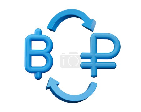 Téléchargez les photos : Icônes de symbole de Baht bleu 3d et de rouble avec des flèches de change sur fond blanc, illustration 3d - en image libre de droit