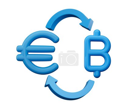 Téléchargez les photos : Icônes de symbole bleu 3d Euro et Baht avec des flèches de change sur fond blanc, illustration 3d - en image libre de droit