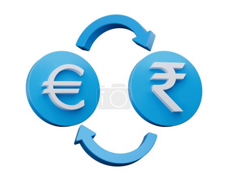 Foto de Símbolo blanco del euro y de la rupia 3d en los iconos azules redondeados con las flechas del cambio del dinero, ilustración 3d - Imagen libre de derechos