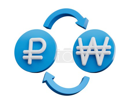 Foto de Rublo blanco 3d y símbolo ganado en iconos azules redondeados con flechas de cambio de dinero, ilustración 3d - Imagen libre de derechos