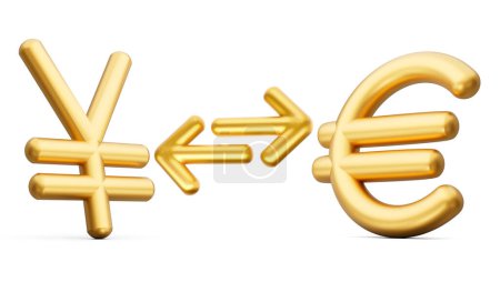 Foto de Iconos del símbolo del euro y del yen de oro 3d con las flechas del cambio del dinero en el fondo blanco, ilustración 3d - Imagen libre de derechos
