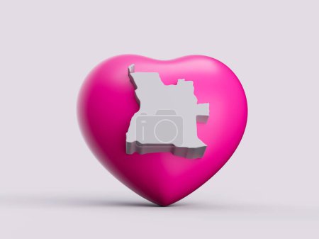 Téléchargez les photos : Coeur rose 3d avec carte blanche 3d de l'Angola isolé sur fond blanc, illustration 3d - en image libre de droit