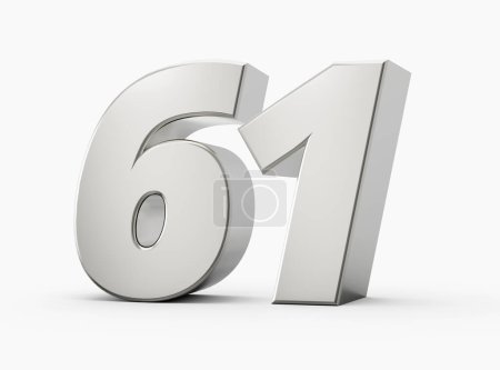 3d glänzende silberne Zahl 61, einundsechzig 3d silberne Zahl isoliert auf weißem Hintergrund, 3d Illustration