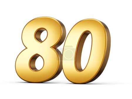 3D Glänzende Goldzahl 80, Achtzig 3D Goldzahl Isoliert auf weißem Hintergrund, 3D-Illustration