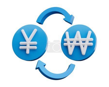 Foto de Símbolo del yen blanco 3d y ganado en los iconos azules redondeados con las flechas del cambio de dinero, ilustración 3d - Imagen libre de derechos