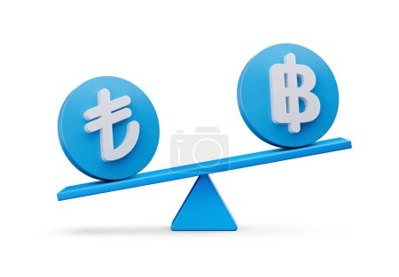 Photo for 3d White Lira And Baht Symbol On Rounded Blue Icons With 3d Balance Weight Seesaw, 3d illustration - Royalty Free Image