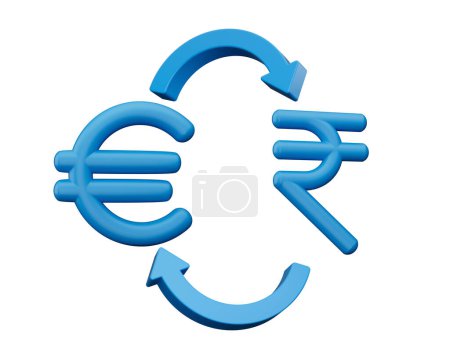 Foto de Iconos azules del símbolo del euro y del INR 3d con las flechas del cambio del dinero en el fondo blanco, ilustración 3d - Imagen libre de derechos