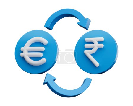 Téléchargez les photos : Symbole blanc 3d d'euro et de roupie sur des icônes bleues arrondies avec des flèches de change, illustration 3d - en image libre de droit