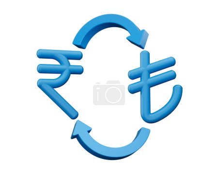 Téléchargez les photos : Icônes de symbole de roupie bleue 3d et de Lira avec des flèches de change de monnaie sur fond blanc, illustration 3d - en image libre de droit