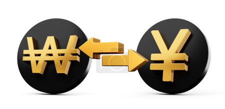 Téléchargez les photos : Symbole 3d Golden Won et Yen sur les icônes noires arrondies avec des flèches de change, illustration 3d - en image libre de droit