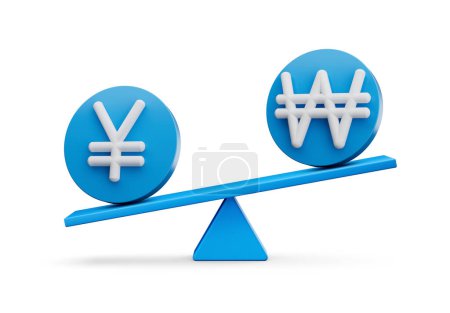 Photo for 3d White Yen And Won Symbol On Rounded Blue Icons With 3d Balance Weight Seesaw, 3d illustration - Royalty Free Image