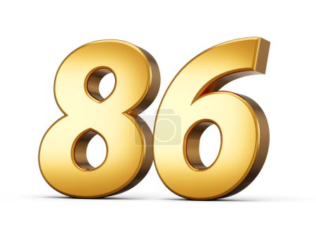 3d brillante número de oro 86, ochenta y seis 3d número de oro aislado sobre fondo blanco, ilustración 3d