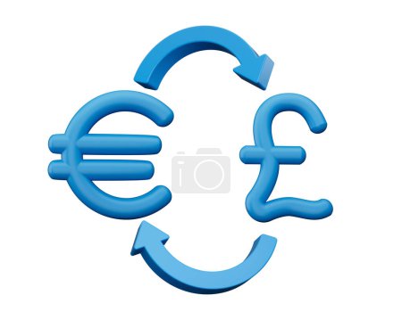 Téléchargez les photos : Icônes de symbole d'euro bleu 3d et de livre avec des flèches de change sur fond blanc, illustration 3d - en image libre de droit