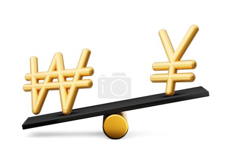Photo for 3d Golden Won And yen Symbol Icons With 3d Black Balance Weight Seesaw, 3d illustration - Royalty Free Image