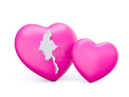 Photo for 3d Shiny Pink Hearts With 3d White Map Of Burma Myanmar Isolated On White Background 3d illustration - Royalty Free Image