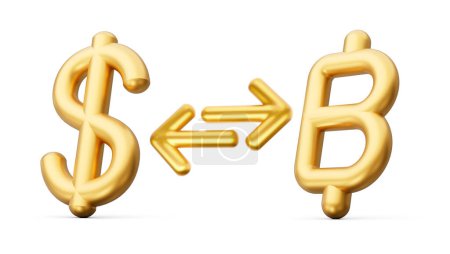 Téléchargez les photos : Icône de symbole de dollar d'or et de baht 3d avec des flèches de change sur fond blanc Illustration 3d - en image libre de droit