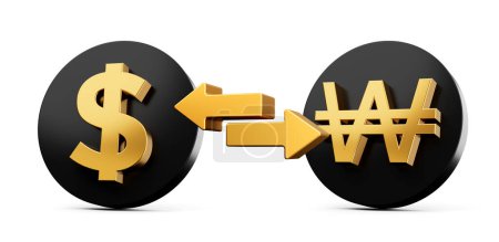 Téléchargez les photos : 3d Dollar d'or et symbole gagné sur les icônes noires arrondies avec des flèches de change de monnaie, illustration 3d - en image libre de droit