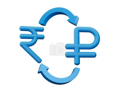 Foto de Iconos azules 3d del símbolo de la rupia y del rublo con las flechas del cambio del dinero en el fondo blanco, ilustración 3d - Imagen libre de derechos