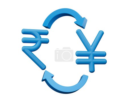 Téléchargez les photos : Icônes de symbole de roupie bleue 3d et de yen avec des flèches de change de monnaie sur fond blanc, illustration 3d - en image libre de droit